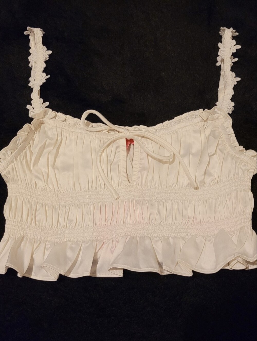 Sugar Thrillz White Smocked Satin Ruffle Crop Cami Tank Top